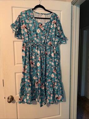 Girls Teal Floral Ruffle Hem Dress - Kids